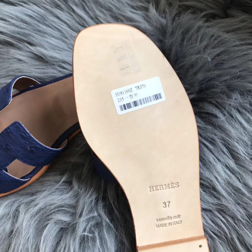 Replica Hermes Oran Slide Sandals In Blue Roy Ostrich Leather 107