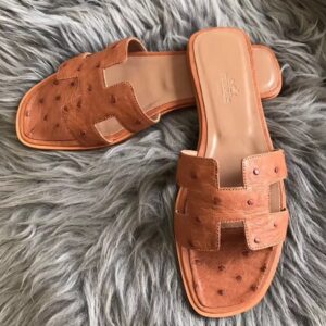 Replica Hermes Oran Slide Sandals In Brown Ostrich Leather