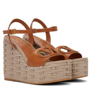 Replica Valentino VLogo Cut-out Espadrille Wedge Sandals in Brown Leather