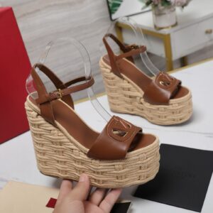 Replica Valentino VLogo Cut-out Espadrille Wedge Sandals in Brown Leather 2