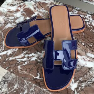 Replica Hermes Oran Slide Sandals In Blue Patent Calfskin