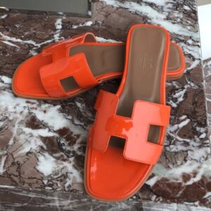 Replica Hermes Oran Slide Sandals In Orange Patent Calfskin