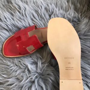 Replica Hermes Oran Slide Sandals In Red Patent Calfskin 2