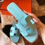 Replica Hermes Oran Slide Sandals In Blue Atoll Epsom Calfskin