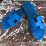 Replica Hermes Oran Slide Sandals In Blue Hydra Epsom Calfskin