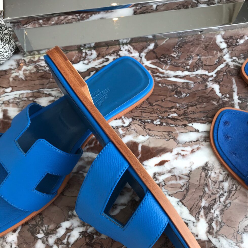 Replica Hermes Oran Slide Sandals In Blue Hydra Epsom Calfskin 106