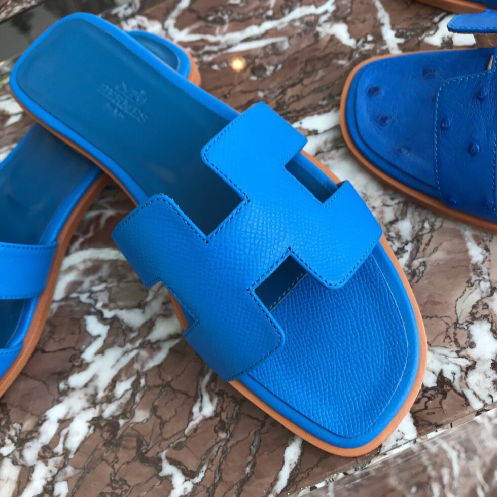 Replica Hermes Oran Slide Sandals In Blue Hydra Epsom Calfskin 108