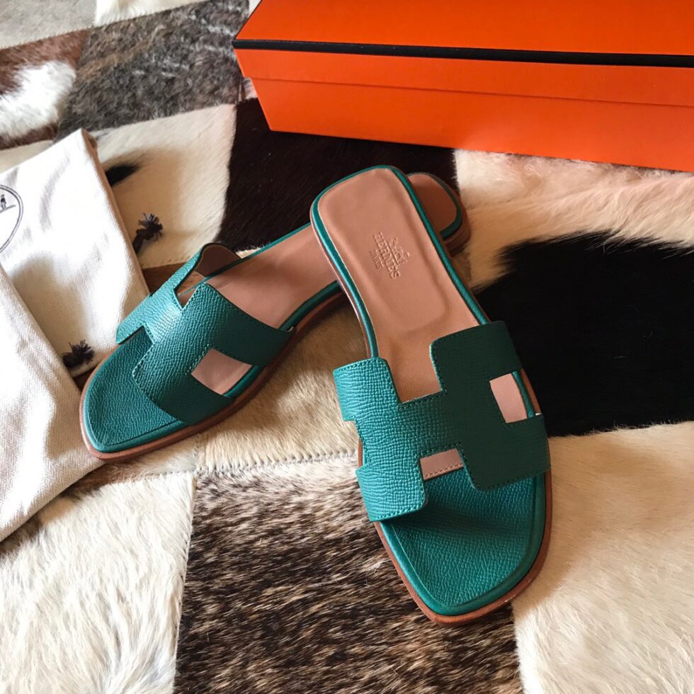 Replica Hermes Oran Slide Sandals In Malachite Epsom Calfskin 107