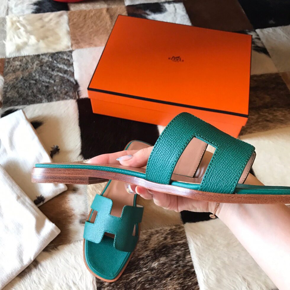 Replica Hermes Oran Slide Sandals In Malachite Epsom Calfskin 109