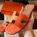 Replica Hermes Oran Slide Sandals In Orange Ostrich Leather