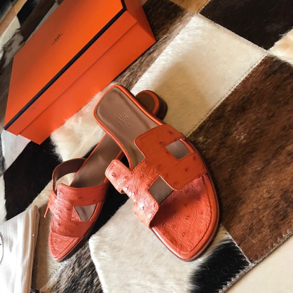 Replica Hermes Oran Slide Sandals In Orange Ostrich Leather 105