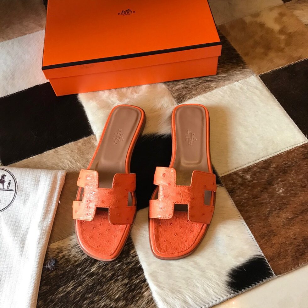 Replica Hermes Oran Slide Sandals In Orange Ostrich Leather 107