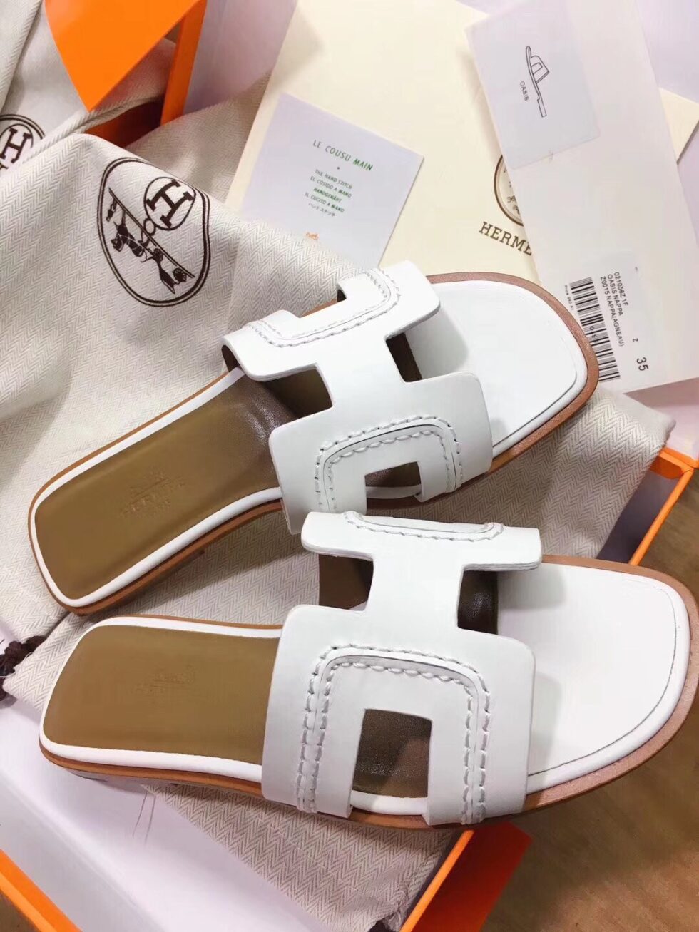 Replica Hermes Oran Slide Sandals In White Leather With Stitched 105