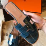 Replica Hermes Oran Slide Sandals In Blue Shiny Niloticus Crocodile Skin