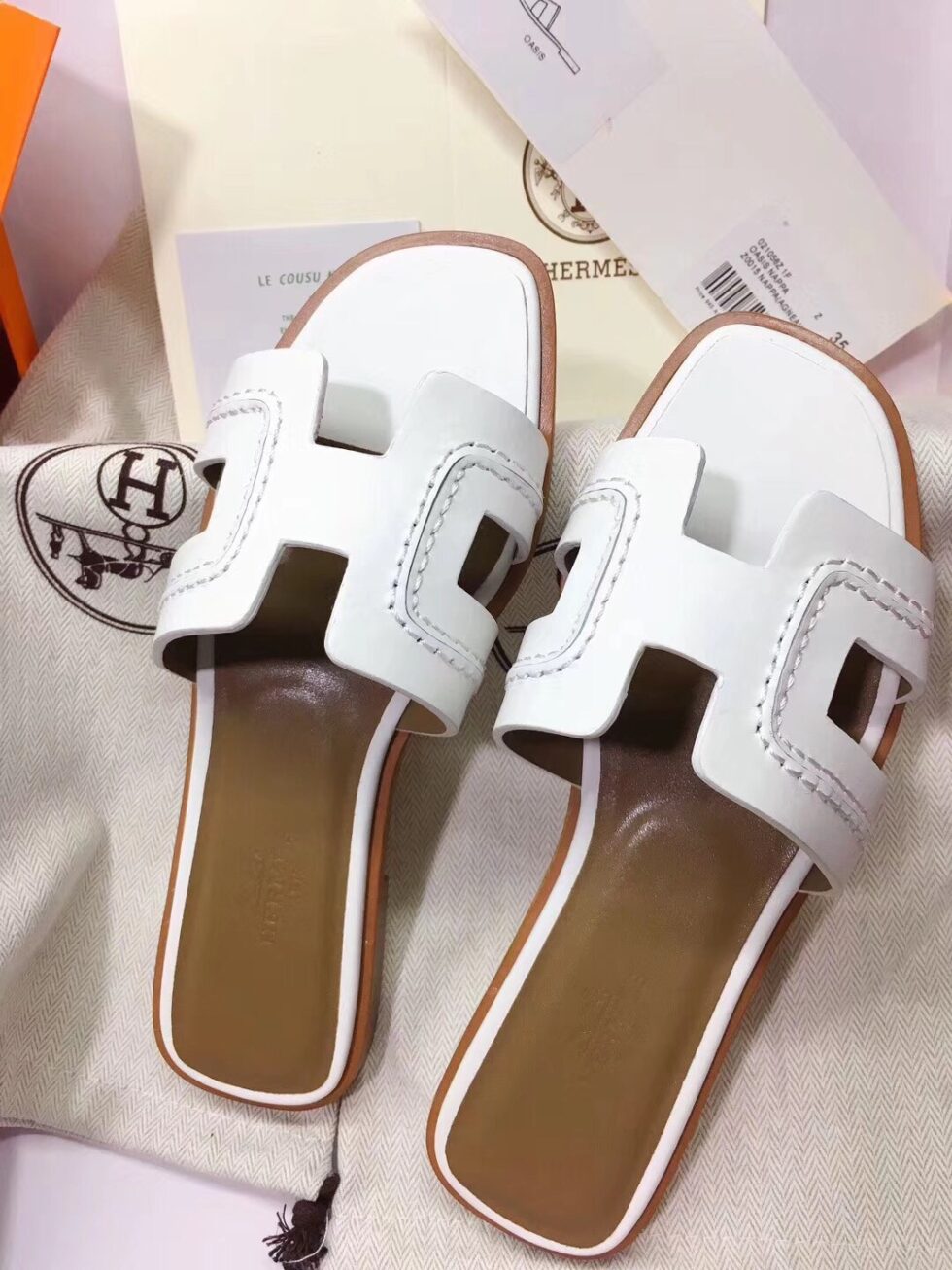 Replica Hermes Oran Slide Sandals In White Leather With Stitched 109