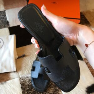 Replica Hermes Oran Slide Sandals In Black Epsom Calfskin