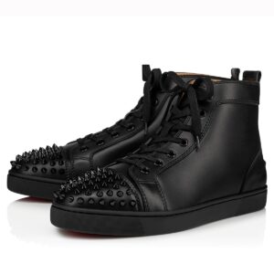 Replica Christian Louboutin Men’s Lou Spikes Flat Sneakers In Black Leather