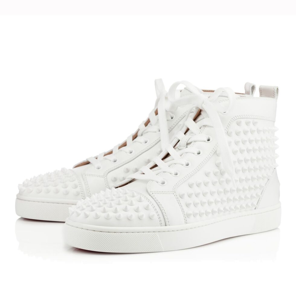 Replica Christian Louboutin Men’s Louis Spikes Flat Sneakers In White Leather 104