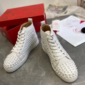 Replica Christian Louboutin Men’s Louis Spikes Flat Sneakers In White Leather 2