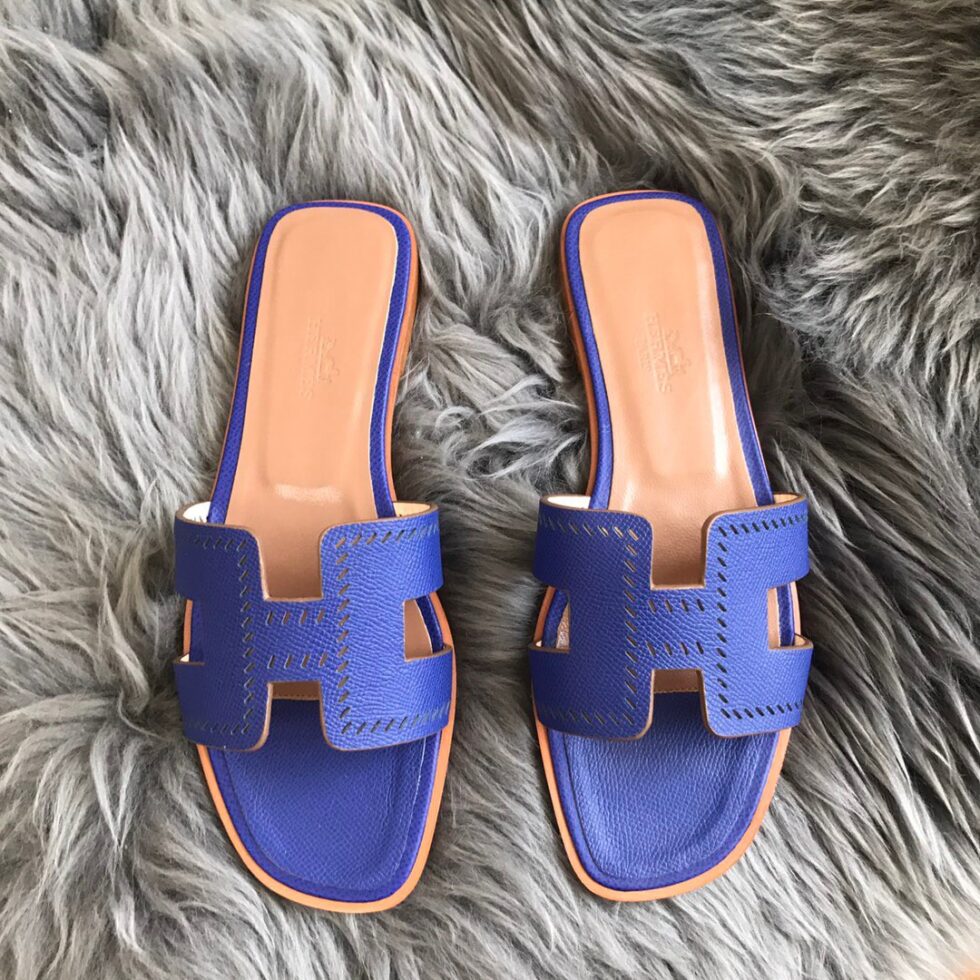 Replica Hermes Oran Slide Sandals In Blue Epsom Perforated Calfskin 107