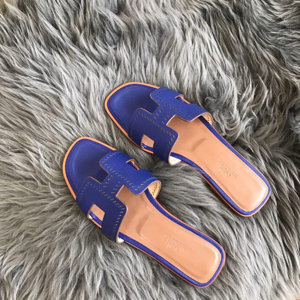 Replica Hermes Oran Slide Sandals In Blue Epsom Perforated Calfskin 108