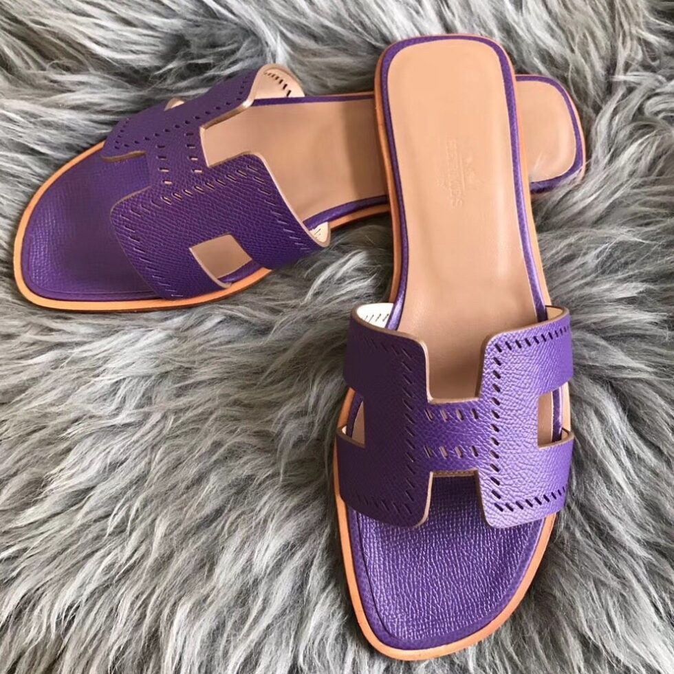 Replica Hermes Oran Slide Sandals In Purple Epsom Perforated Calfskin 104