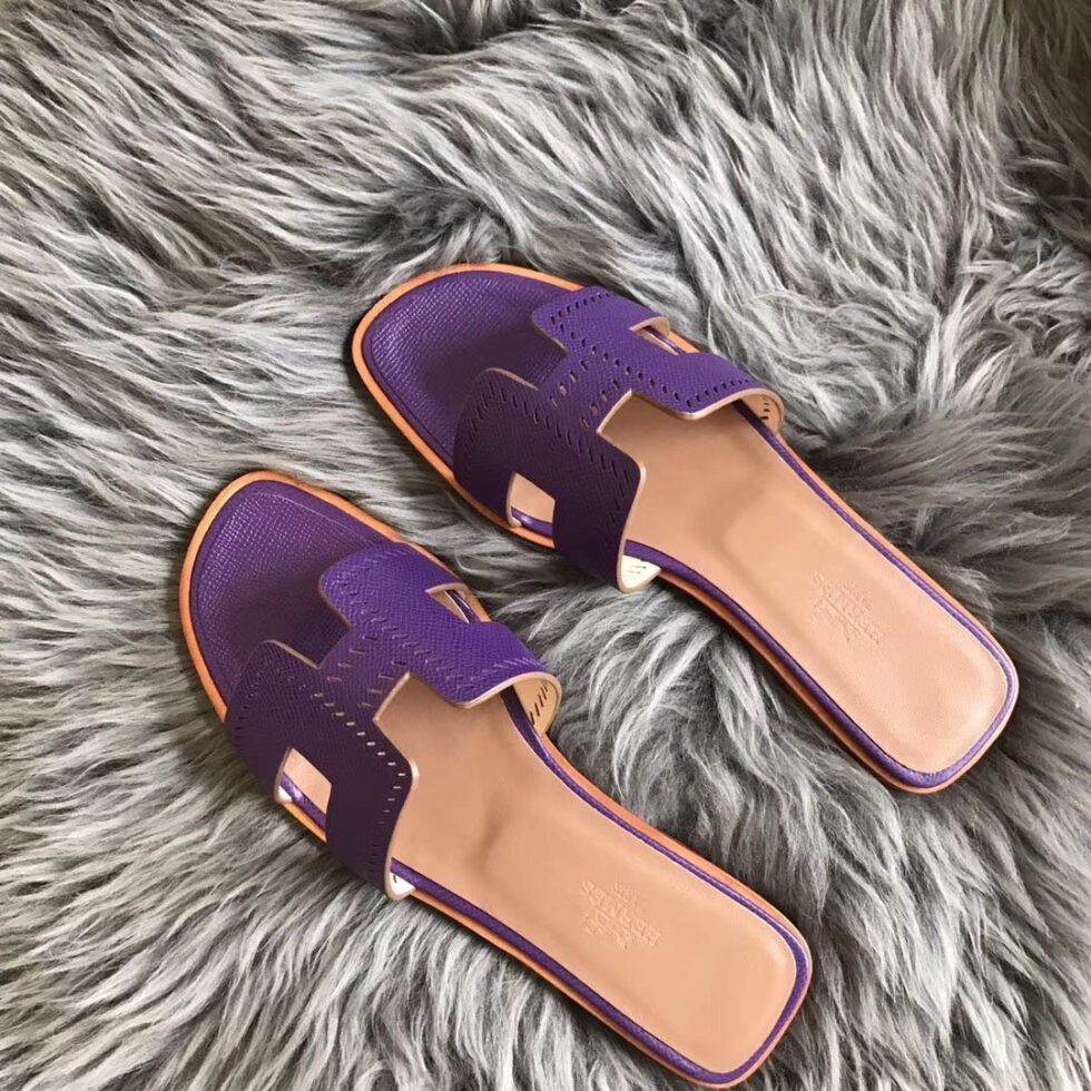 Replica Hermes Oran Slide Sandals In Purple Epsom Perforated Calfskin 105