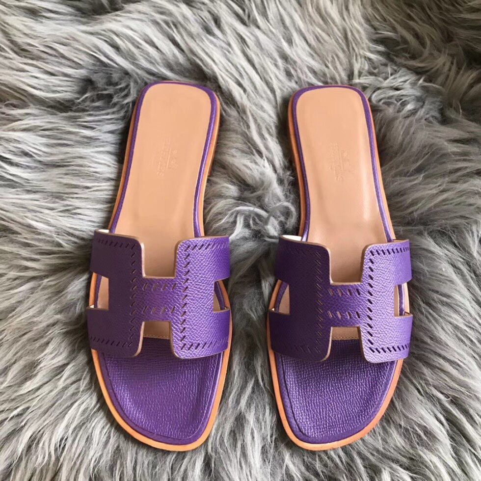 Replica Hermes Oran Slide Sandals In Purple Epsom Perforated Calfskin 106