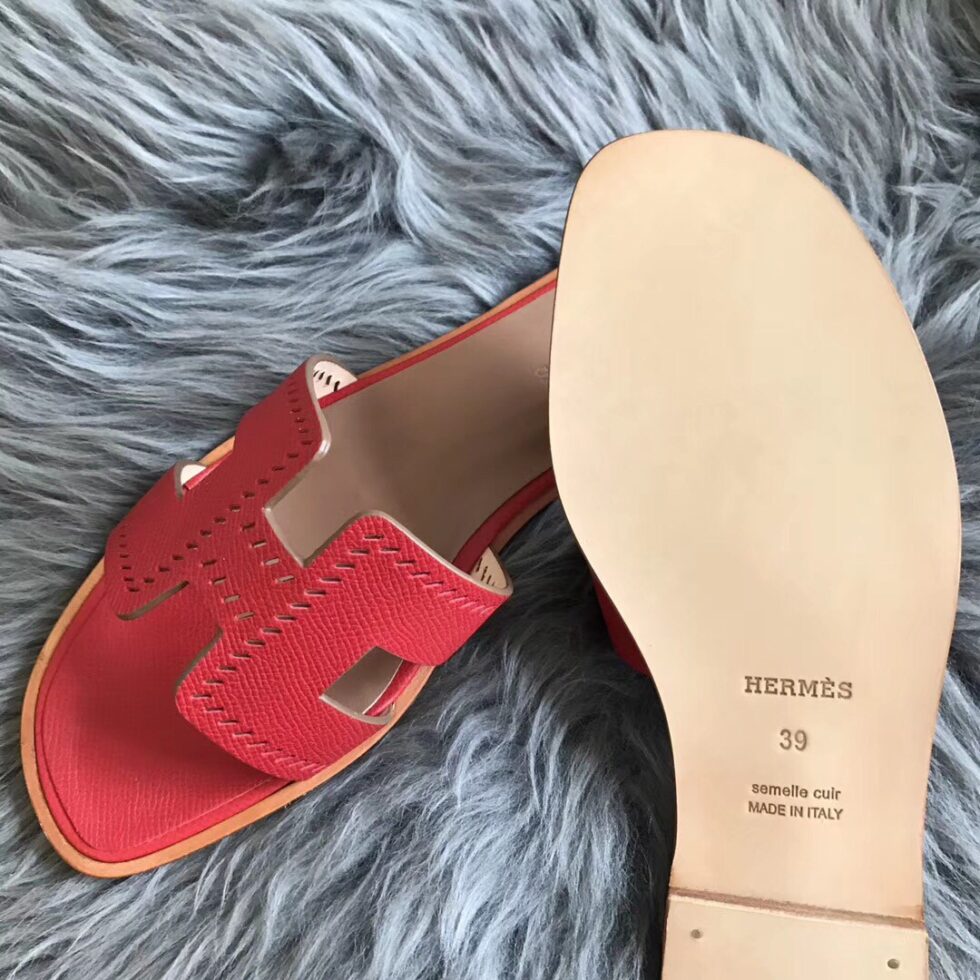 Replica Hermes Oran Slide Sandals In Red Epsom Perforated Calfskin 105