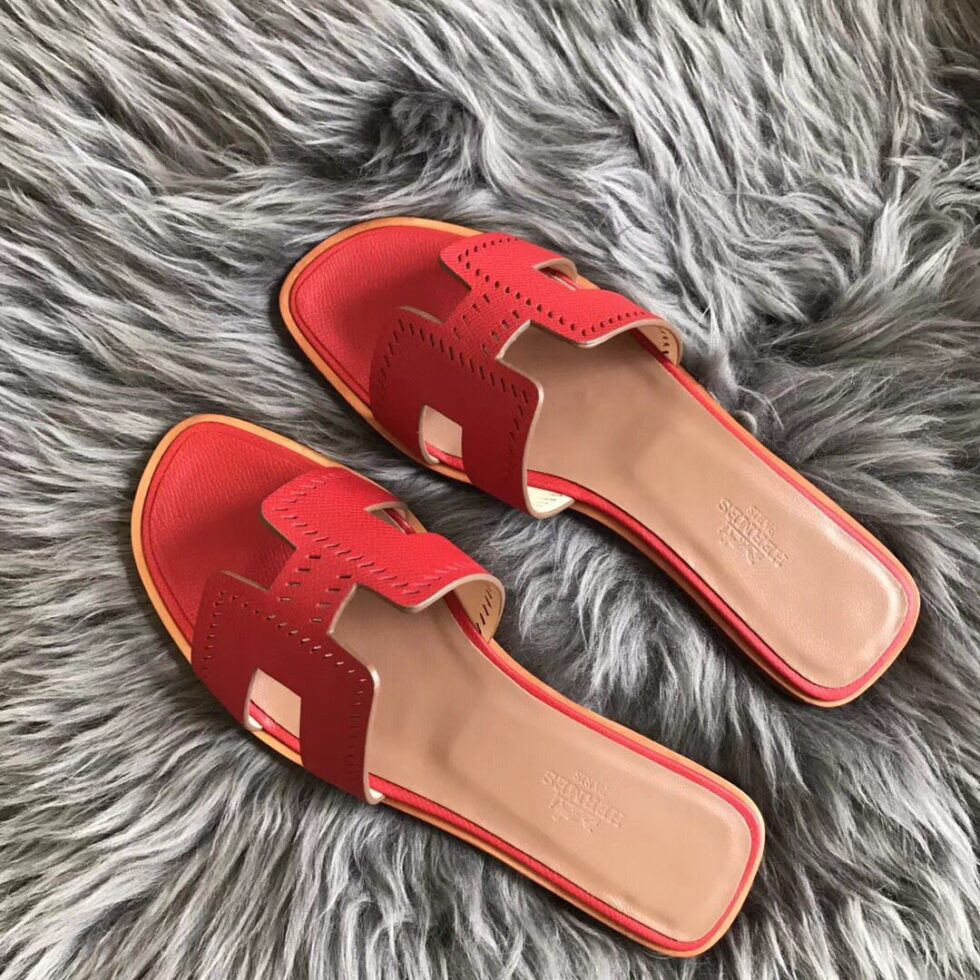 Replica Hermes Oran Slide Sandals In Red Epsom Perforated Calfskin 107