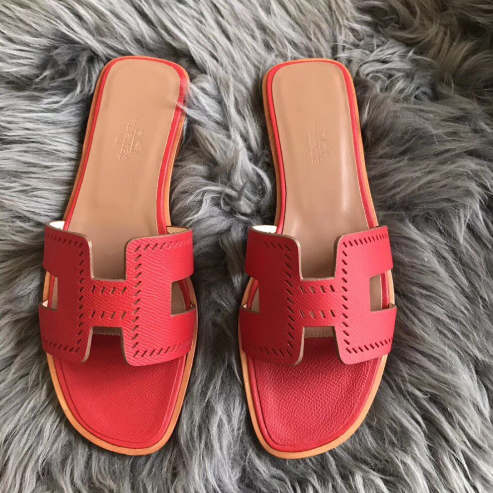 Replica Hermes Oran Slide Sandals In Red Epsom Perforated Calfskin 108