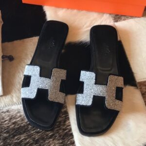 Replica Hermes Oran Slide Sandals In Black Suede With Crystal