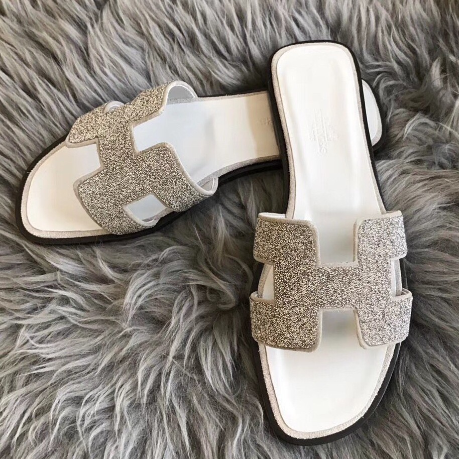 Replica Hermes Oran Slide Sandals In White Suede With Crystal 104