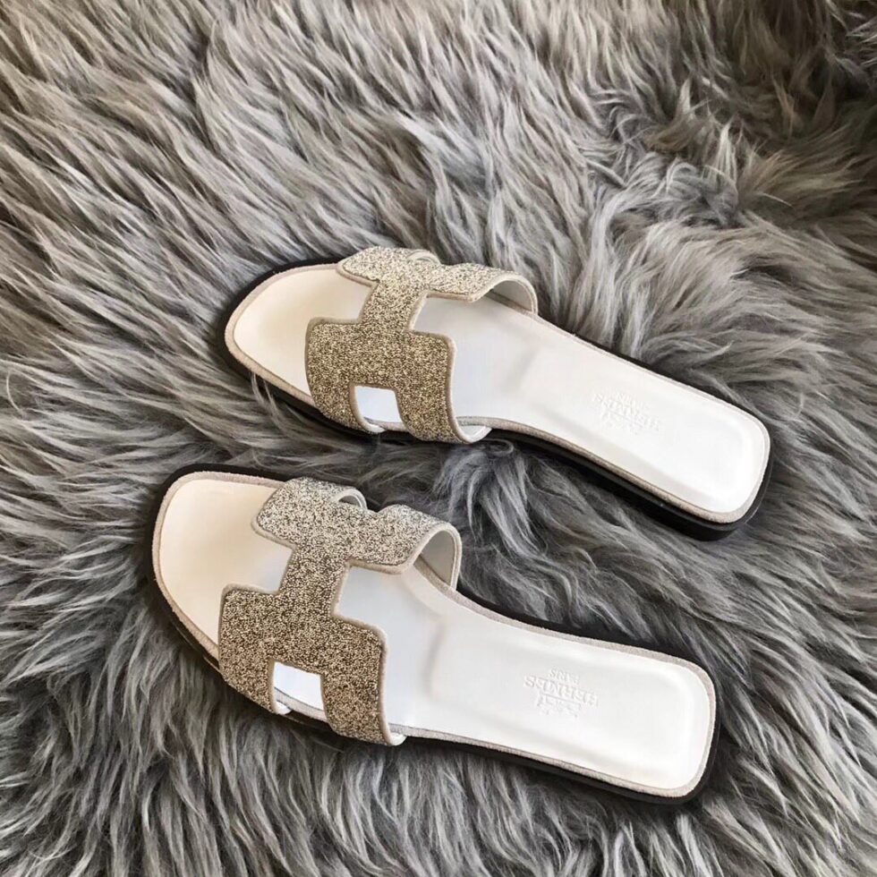 Replica Hermes Oran Slide Sandals In White Suede With Crystal 105