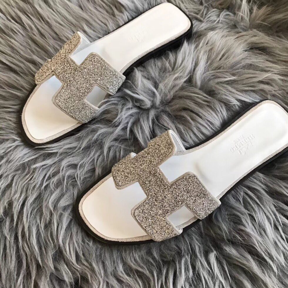 Replica Hermes Oran Slide Sandals In White Suede With Crystal 107