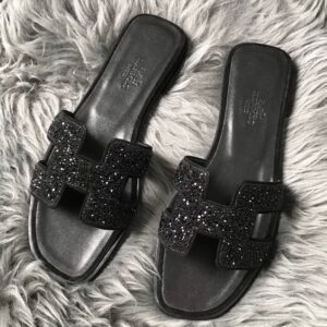 Replica Hermes Oran Slide Sandals In Black Suede With Black Crystal