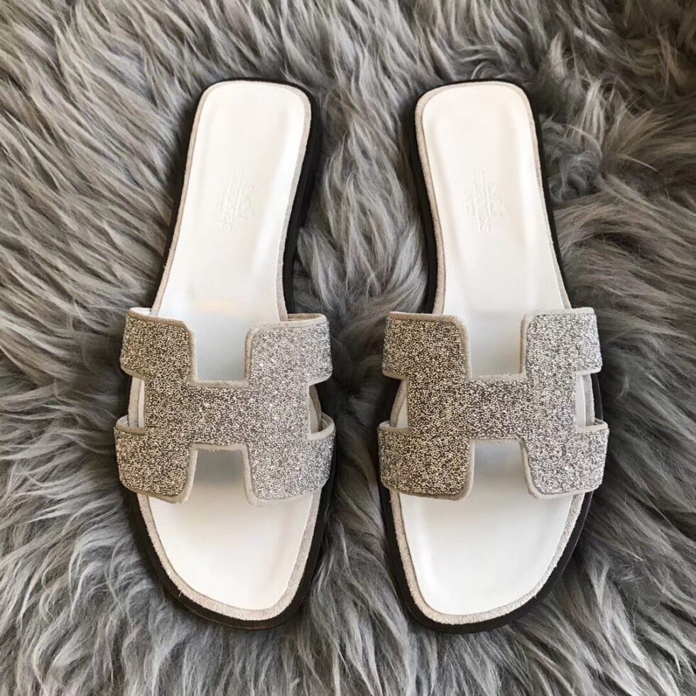 Replica Hermes Oran Slide Sandals In White Suede With Crystal 109