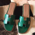 Replica Hermes Oran Slide Sandals In Green Lizard Leather