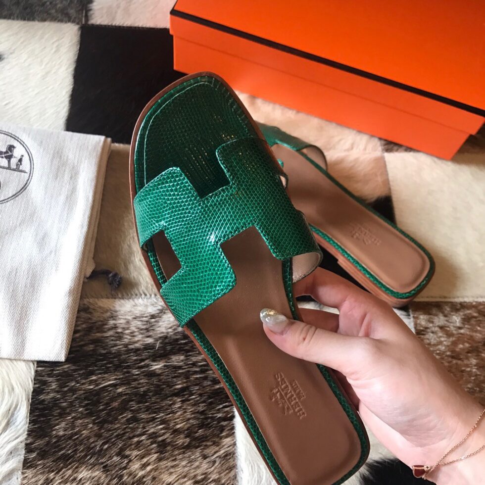 Replica Hermes Oran Slide Sandals In Green Lizard Leather 105