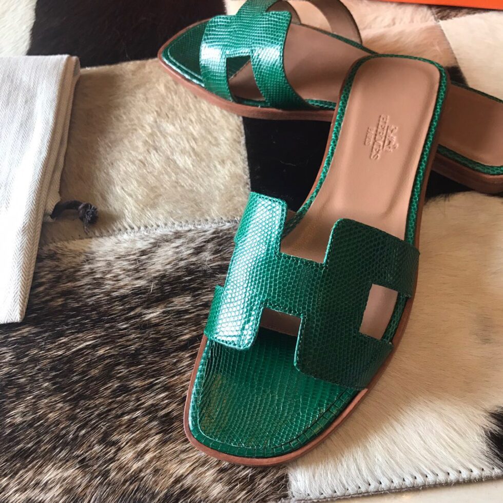 Replica Hermes Oran Slide Sandals In Green Lizard Leather 106