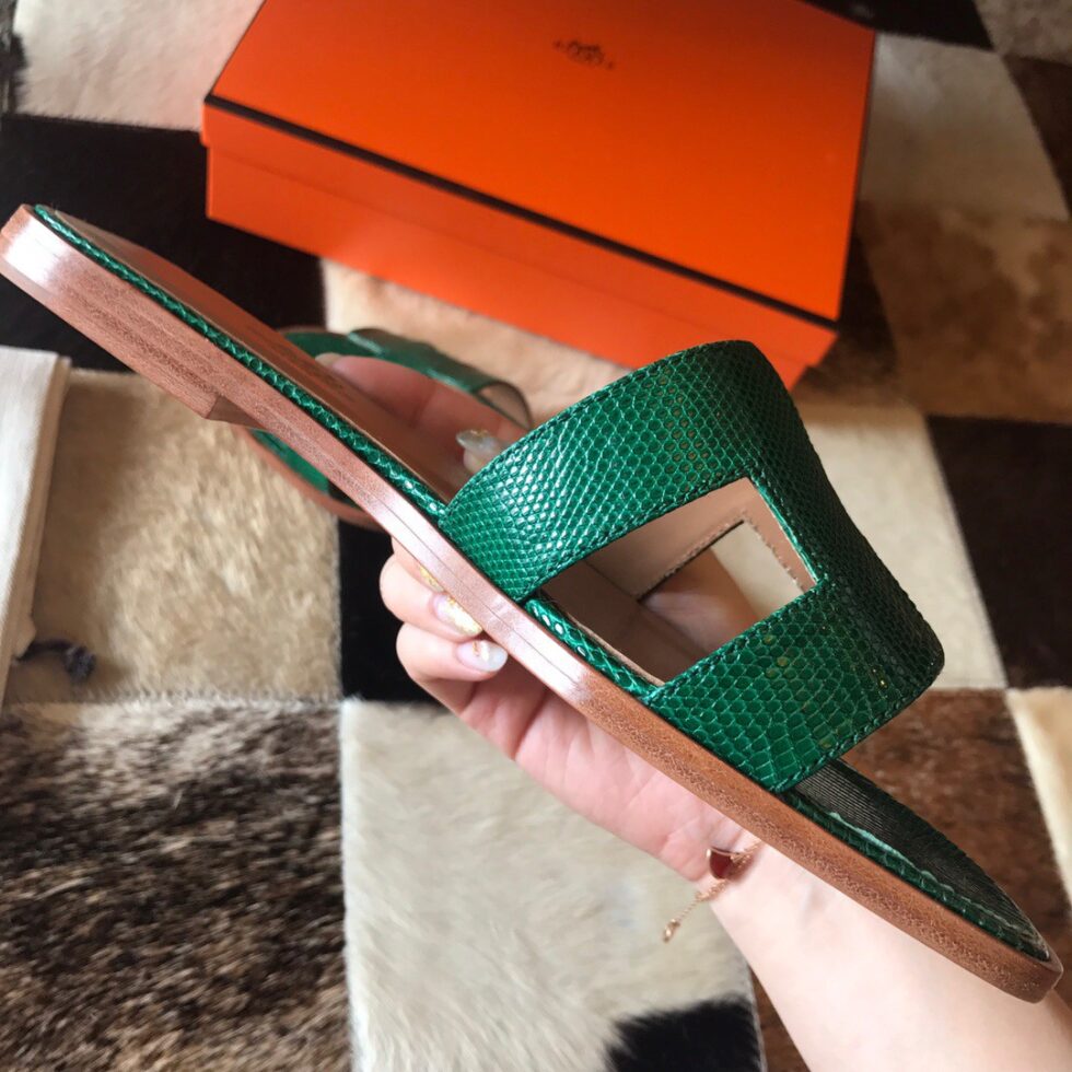 Replica Hermes Oran Slide Sandals In Green Lizard Leather 107