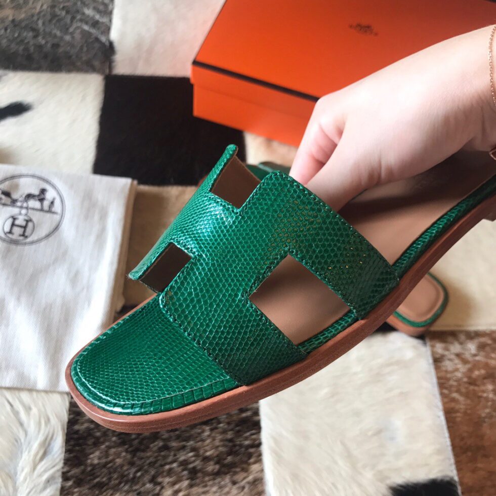 Replica Hermes Oran Slide Sandals In Green Lizard Leather 108