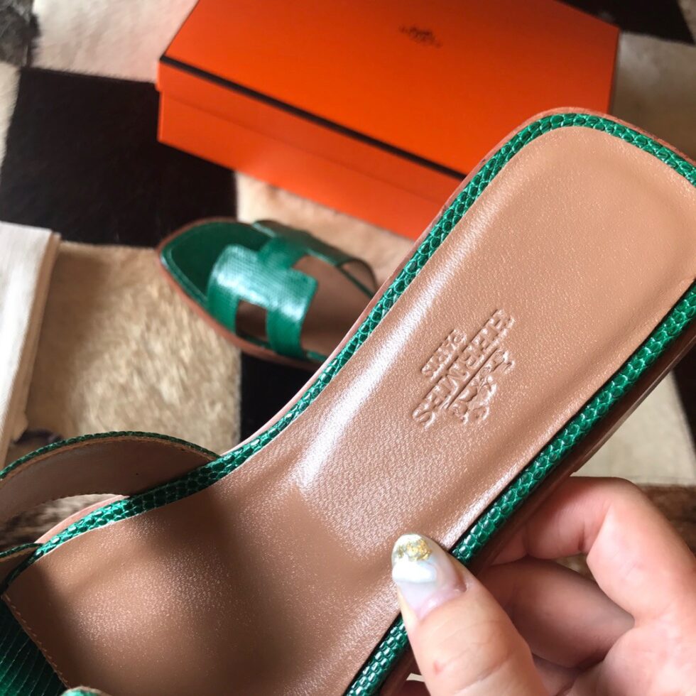 Replica Hermes Oran Slide Sandals In Green Lizard Leather 109