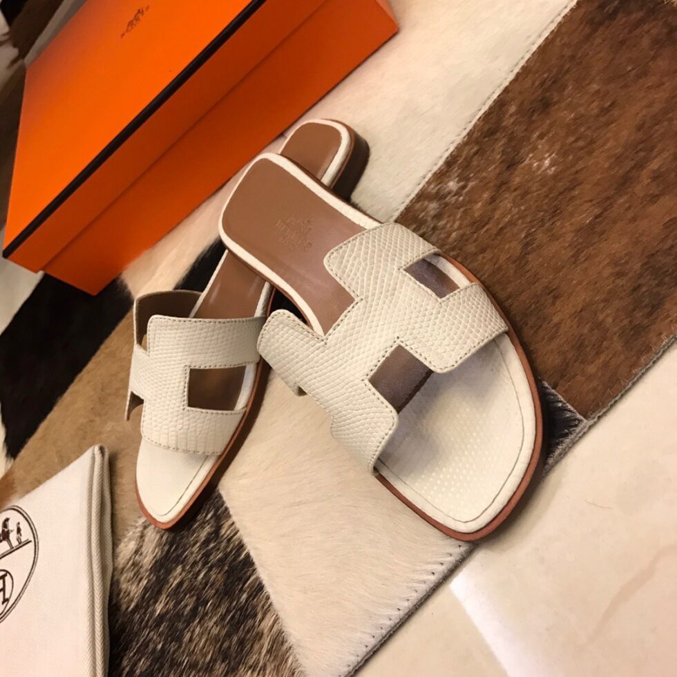 Replica Hermes Oran Slide Sandals In White Lizard Leather 106