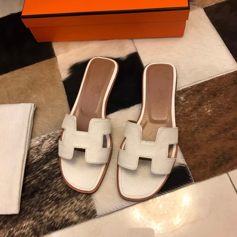 Replica Hermes Oran Slide Sandals In White Lizard Leather 107