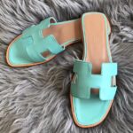 Replica Hermes Oran Slide Sandals In Blue Atoll Swift Calfskin