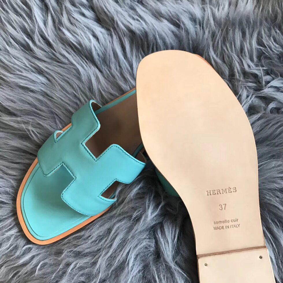 Replica Hermes Oran Slide Sandals In Blue Atoll Swift Calfskin 106