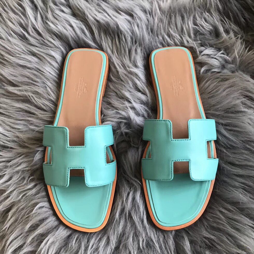 Replica Hermes Oran Slide Sandals In Blue Atoll Swift Calfskin 108