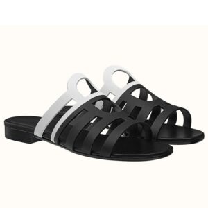 Replica Hermes Camelia Slide Sandals In Black/White Calfskin 102