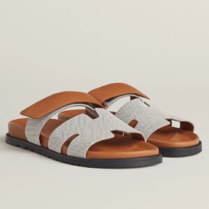 Replica Hermes Women’s Chypre Sandals In Canvas with Brown Leather